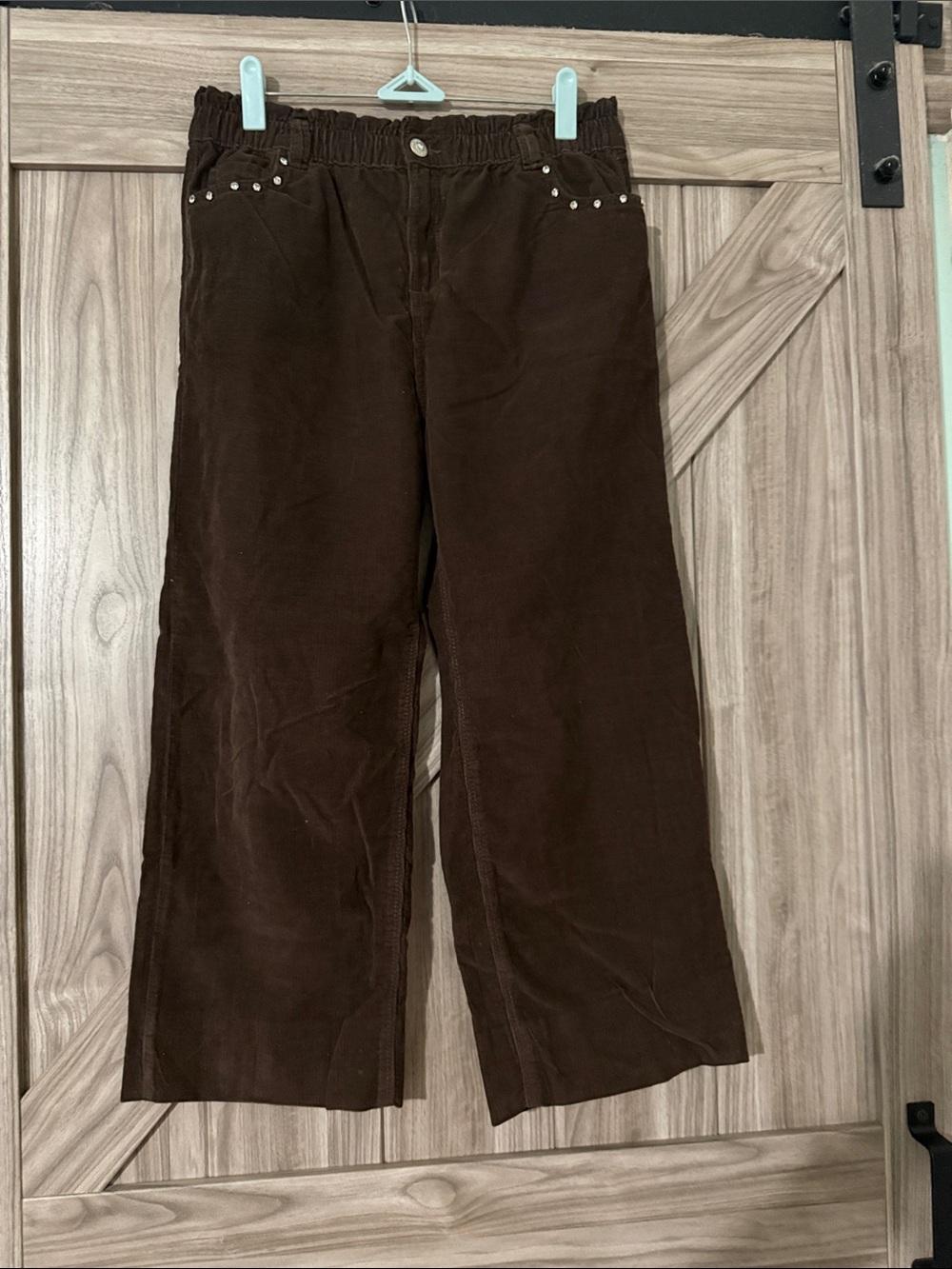 Kids Corduroy Wide-Leg Pants in Dark Brown with Stud Detail